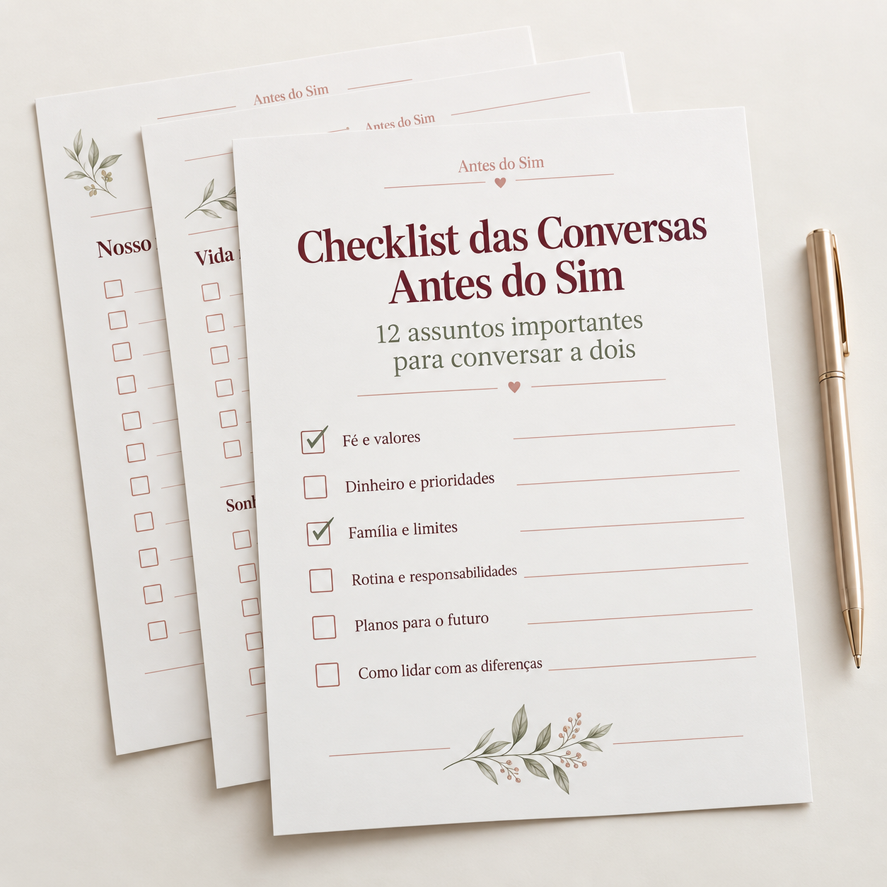 Checklist das Conversas Antes do Sim aberto, com assuntos e campos para marcar