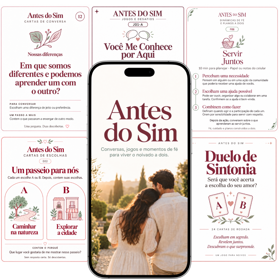 Mockup do kit Antes do Sim: cartas abertas sobre a mesa, envelope vinho e celular exibindo uma pergunta